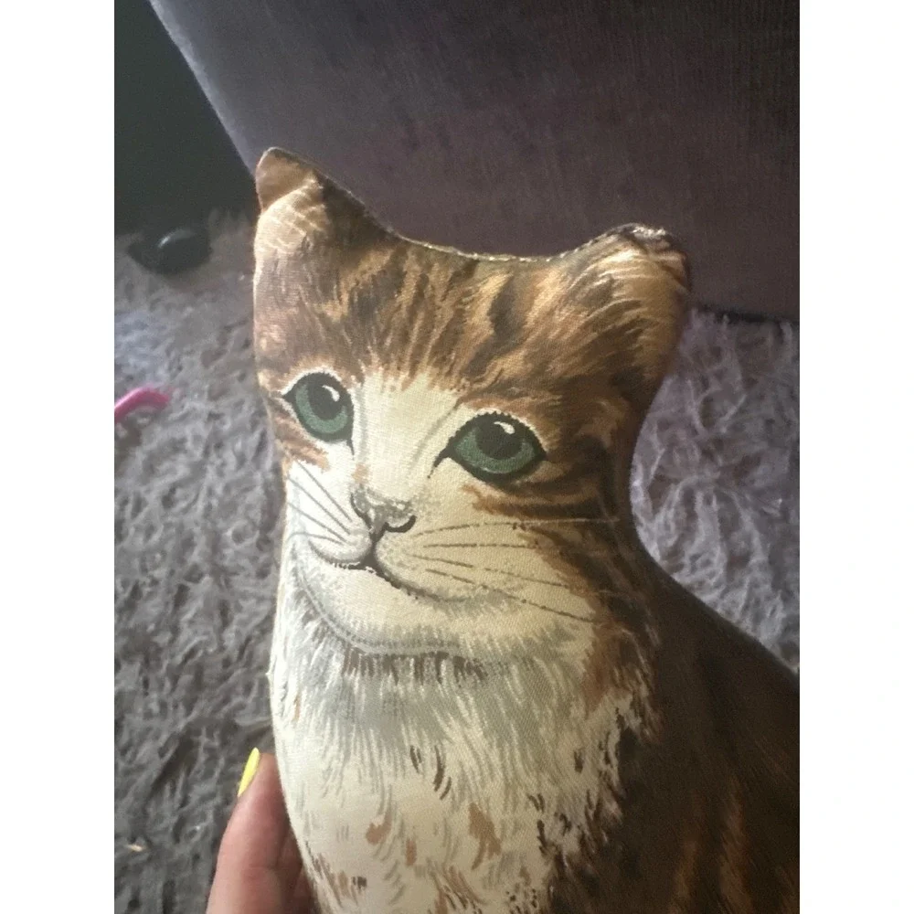 Vintage Style Screen Printed Tabby Cat Shaped Decorative Pillow Brown Plush